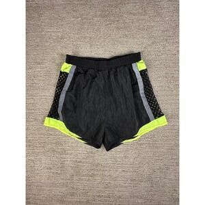 Akira Black Neon Yellow Mesh Reflective Striped Athletic Shorts ST4677-B Mens M
